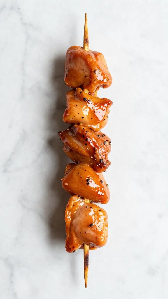 Single marinated chicken skewer over marble surface, overhead