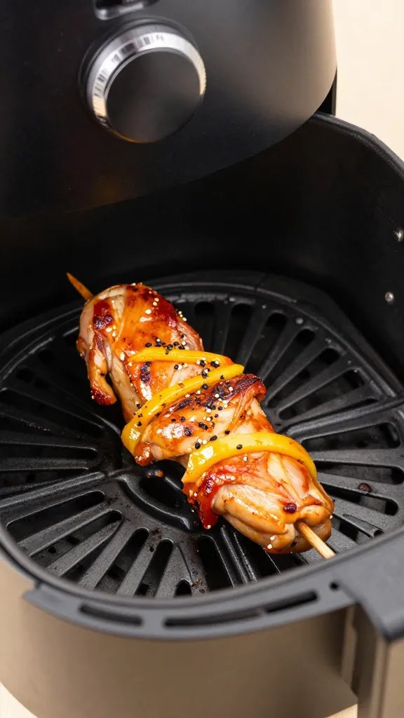 Air fryer basket holding one chicken skewer, close detail