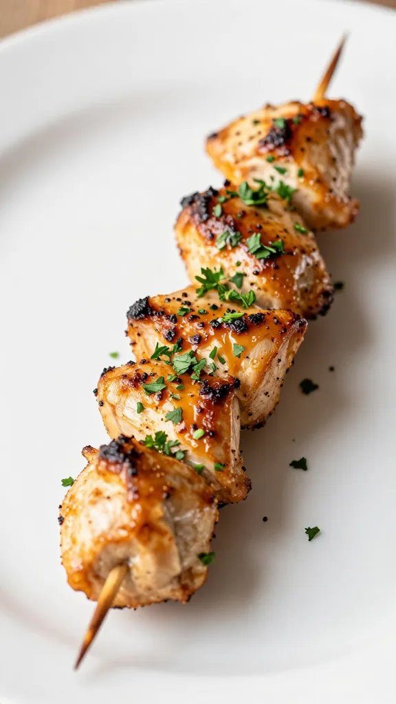 Chicken skewer sprinkled with fresh parsley, tight shot