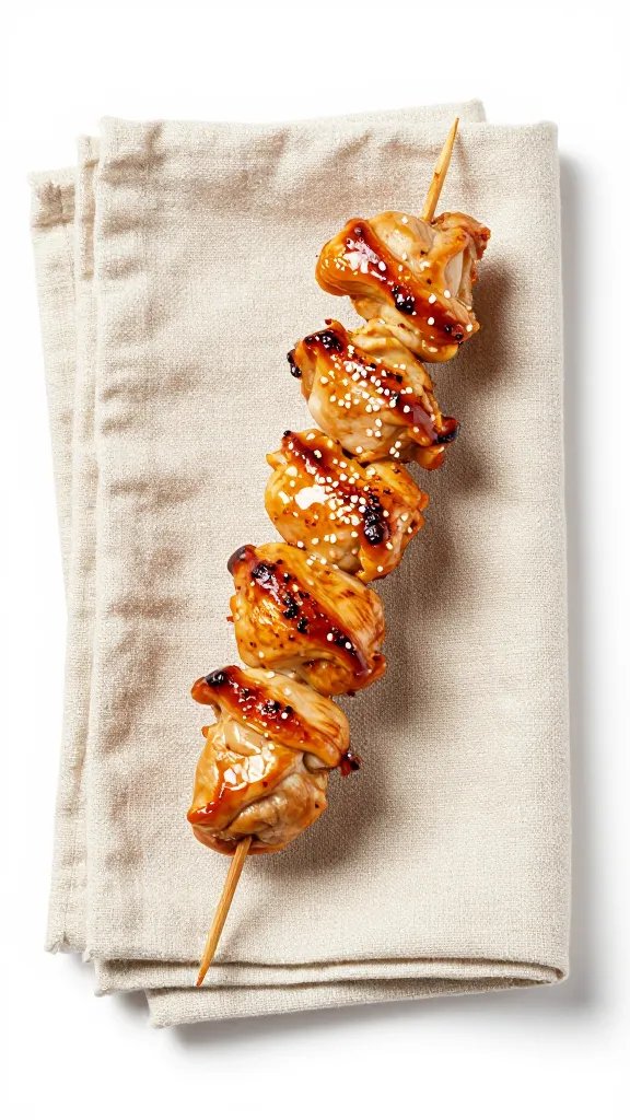 Chicken skewer on folded linen napkin, studio lighting