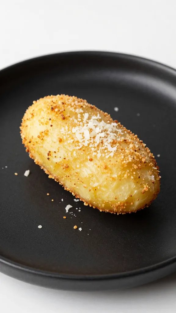 Parmesan-crusted potato bite on matte black plate
