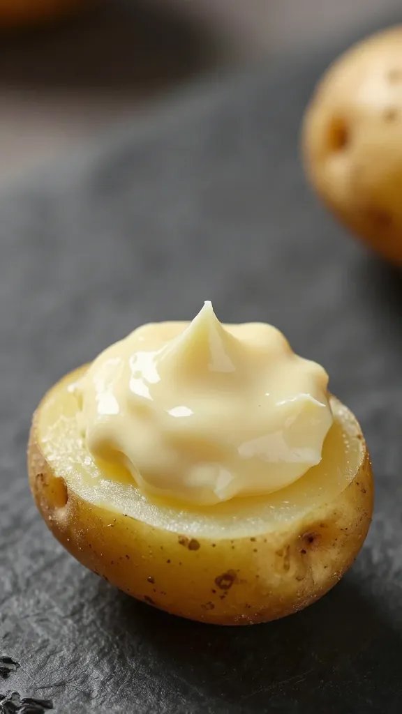 single potato bite dipped in garlic aioli, closeup