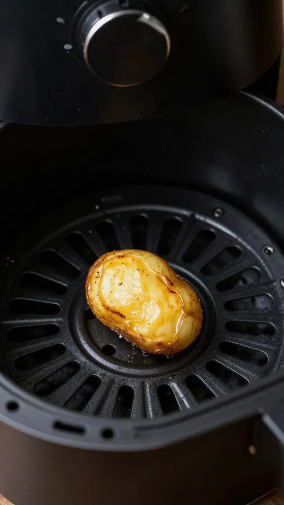 air fryer basket holding one potato bite, dramatic light