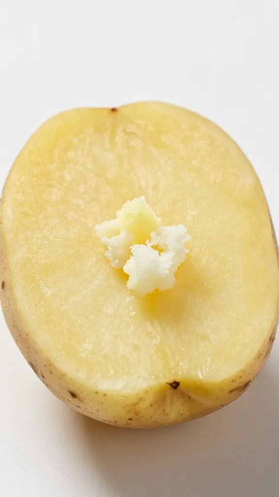 halved potato bite showing fluffy center, closeup