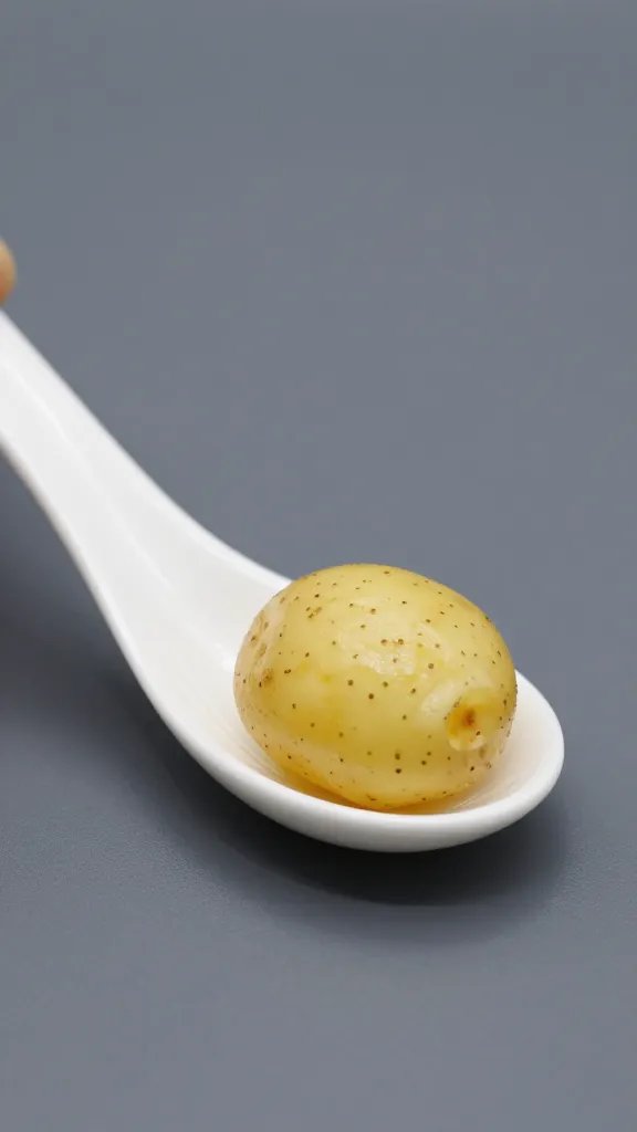 single potato bite on white ceramic spoon, studio lit