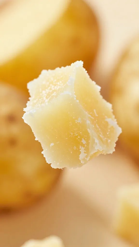 Parmesan shards clinging to one potato bite, extreme closeup
