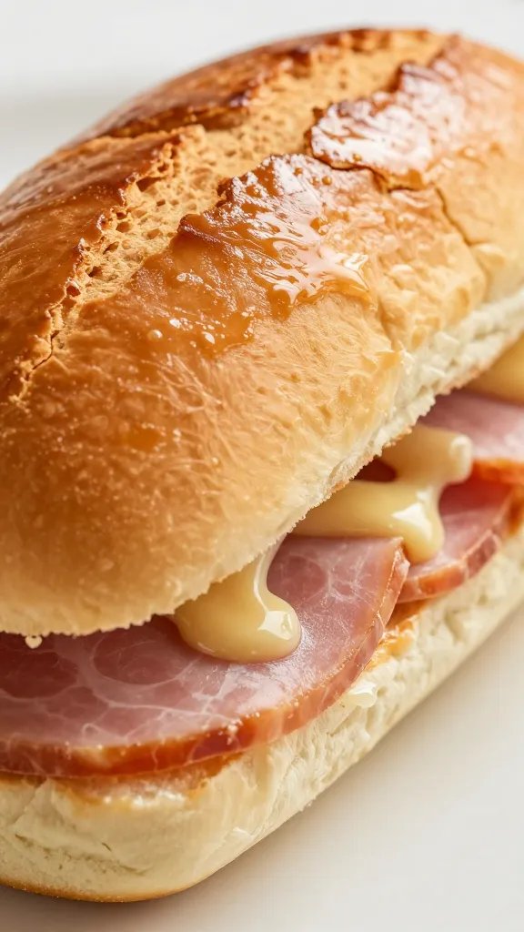 glossy ham and Swiss slider, golden cracked top, closeup