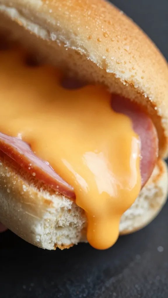 melted cheddar pull from one ham slider, macro shot