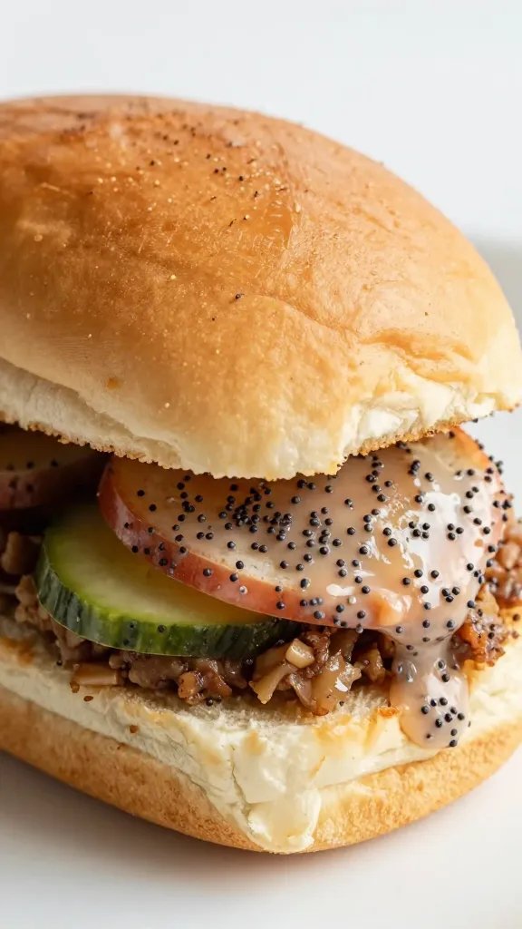 single Hawaiian roll slider with poppyseed glaze, closeup