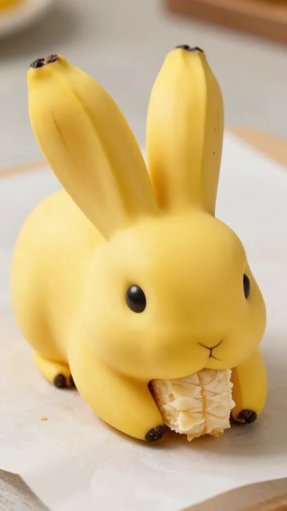 closeup of golden banana “bunny” bite on parchment