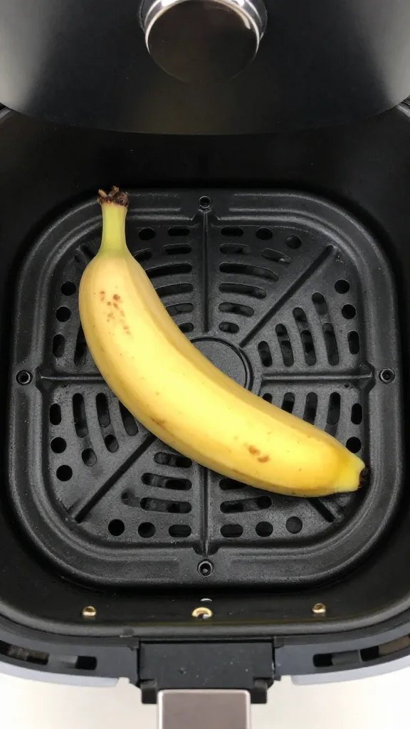 air fryer basket with one banana “bunny” bite