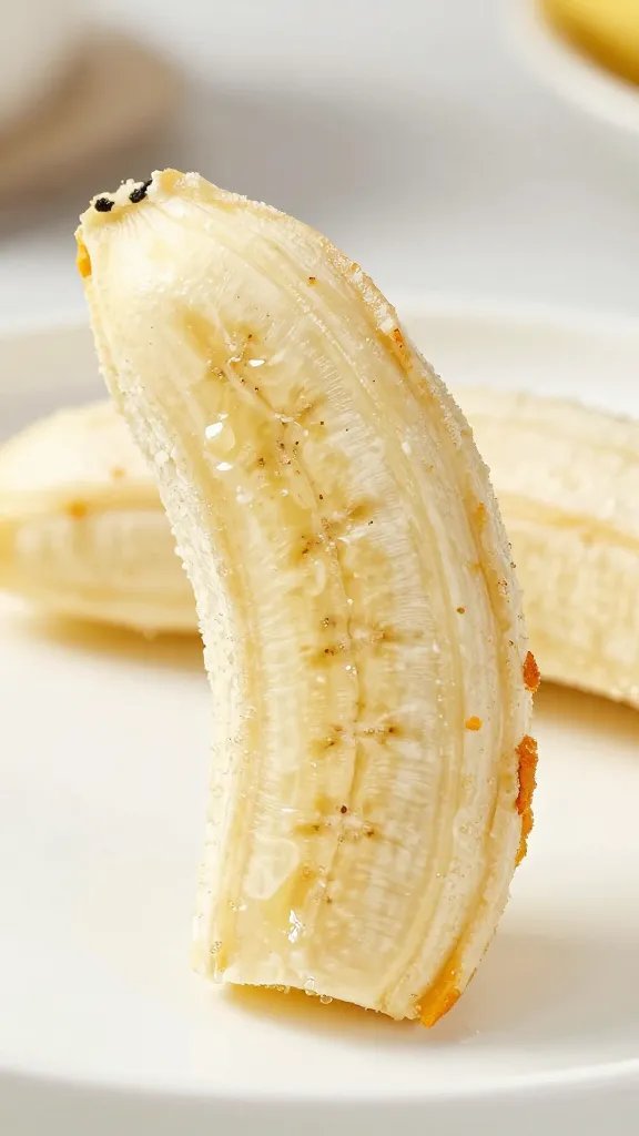 piping hot banana “bunny” bite with crisp edge, macro