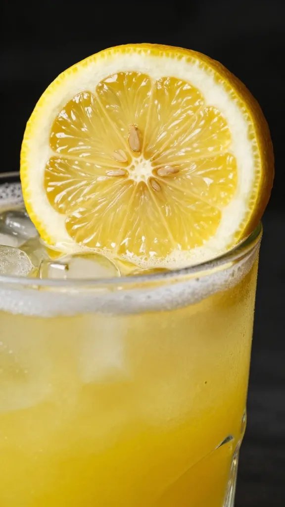 glossy lemon slice perched on slushy rim