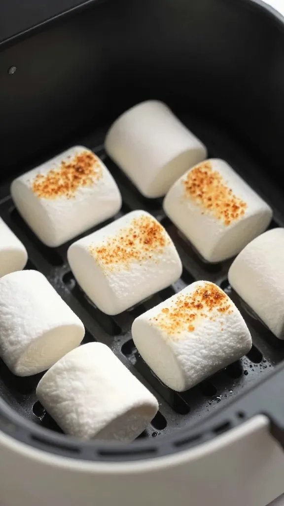 closeup of toasted marshmallow on air fryer basket