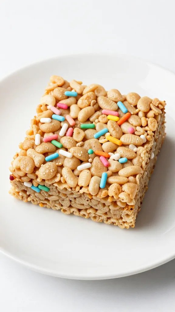 single pastel-sprinkled Rice Krispie square on white plate