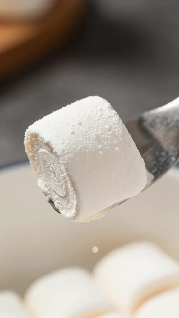 sticky marshmallow pull from spatula, macro shot