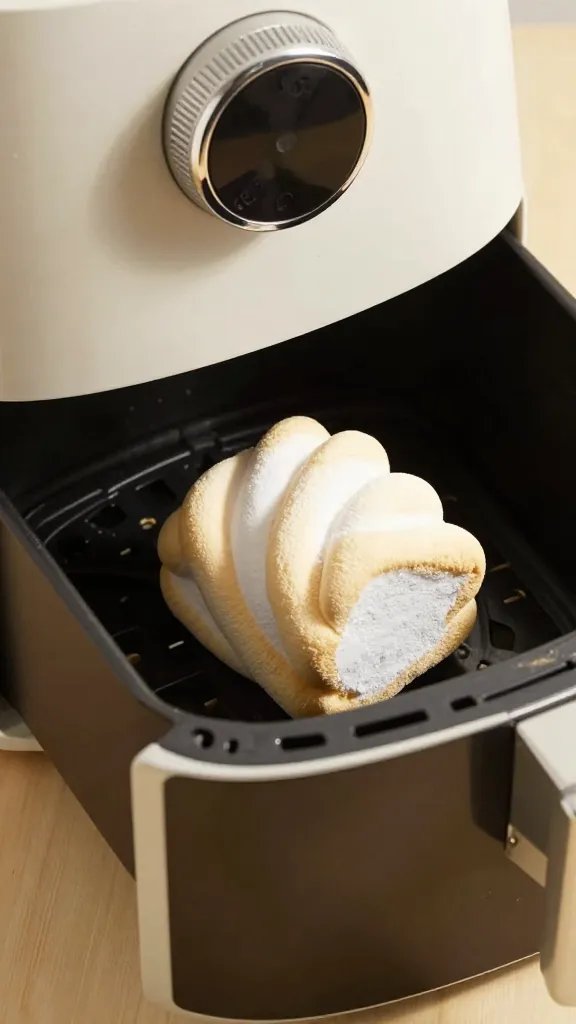 air fryer drawer with single golden marshmallow puff
