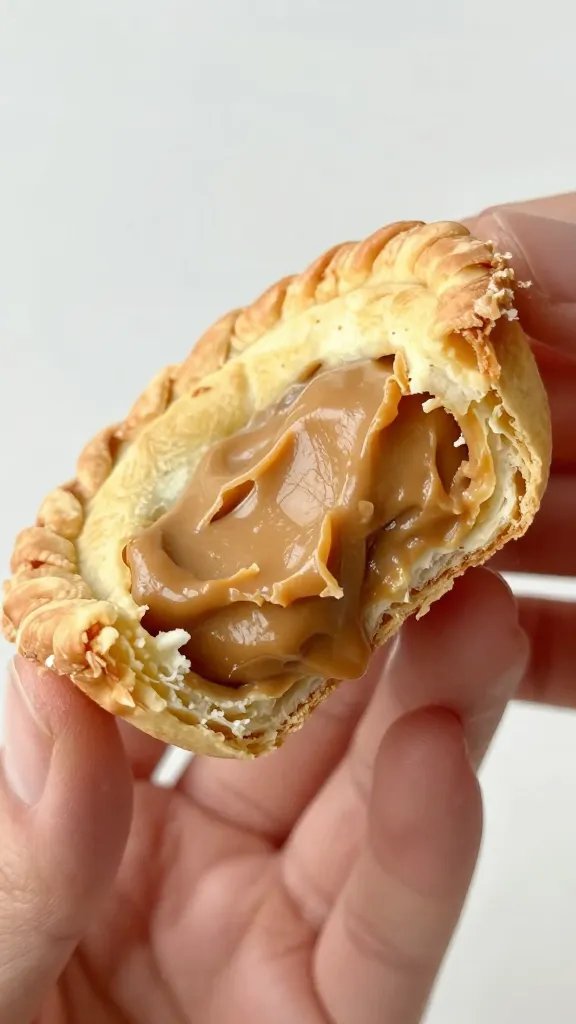 bitten peanut butter egg hand pie showing creamy filling
