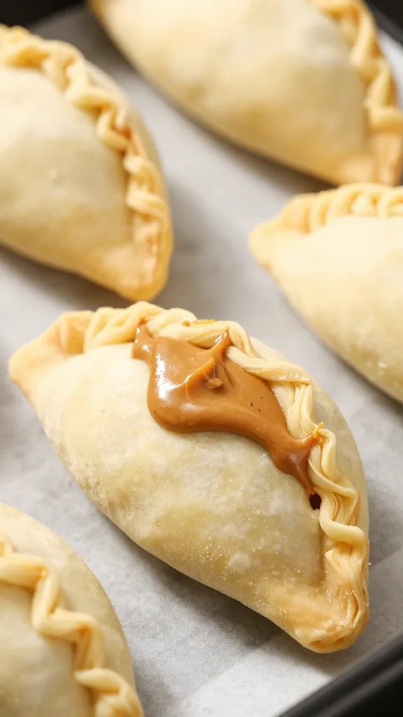 peanut butter-filled dough pocket before air frying, closeup