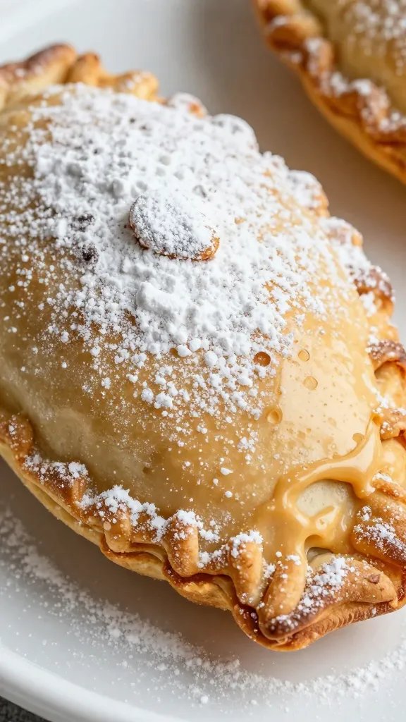 powdered sugar-dusted peanut butter egg hand pie, closeup