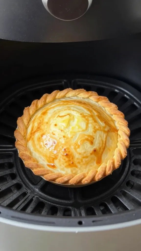air fryer basket holding one golden egg hand pie, closeup