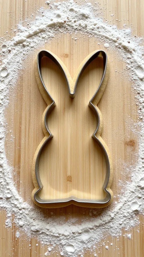 single bunny cookie cutter on floured wood board