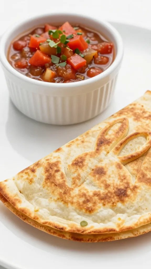 ramekin of salsa beside bunny quesadilla, tight crop