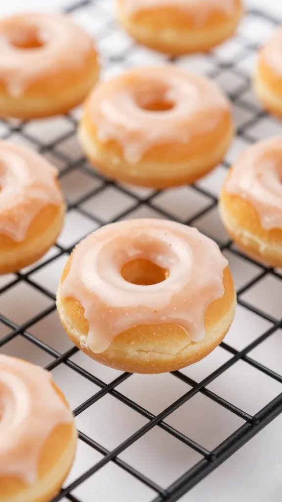 closeup of glazed mini donut bite on cooling rack
