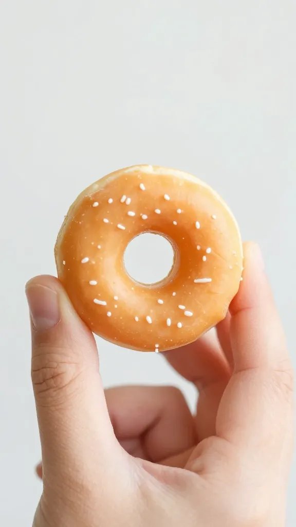 warm mini donut bite held by child’s fingertips