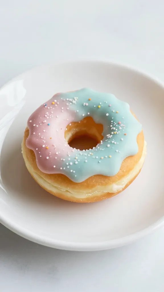 single pastel sugar-coated mini donut bite on small plate