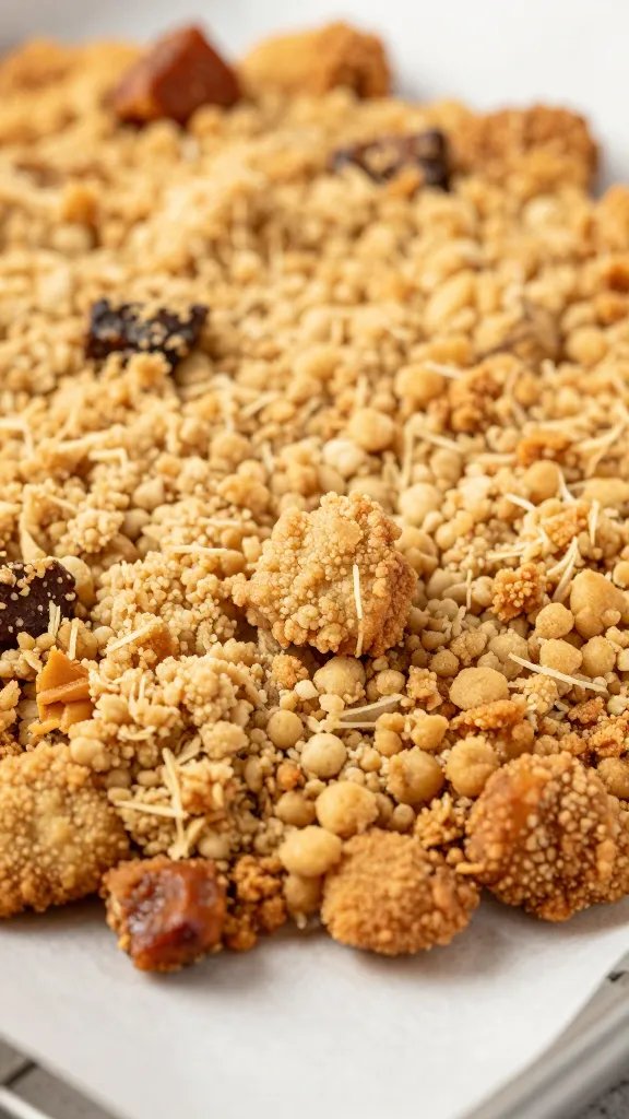 warm air-fried cookie crumble on parchment, macro shot