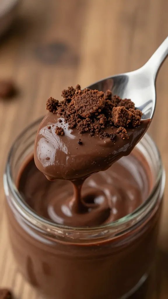 spoonful of chocolate pudding with cookie “soil” topping