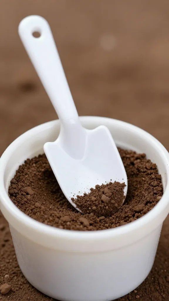 mini shovel spoon dipped in dirt cup, closeup