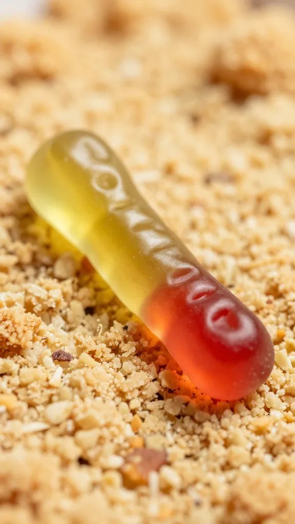 single gummy worm half-buried in crumble, macro