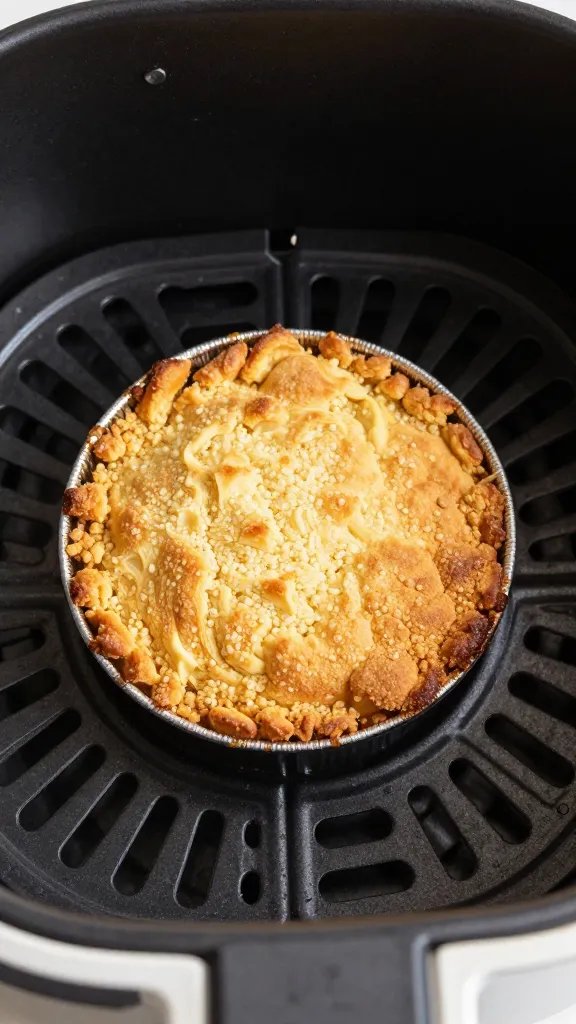 air fryer basket with single golden crumble clump, closeup