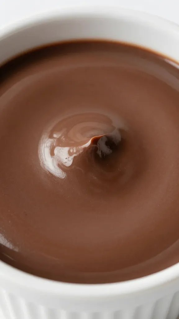 glossy chocolate pudding surface in ramekin, closeup