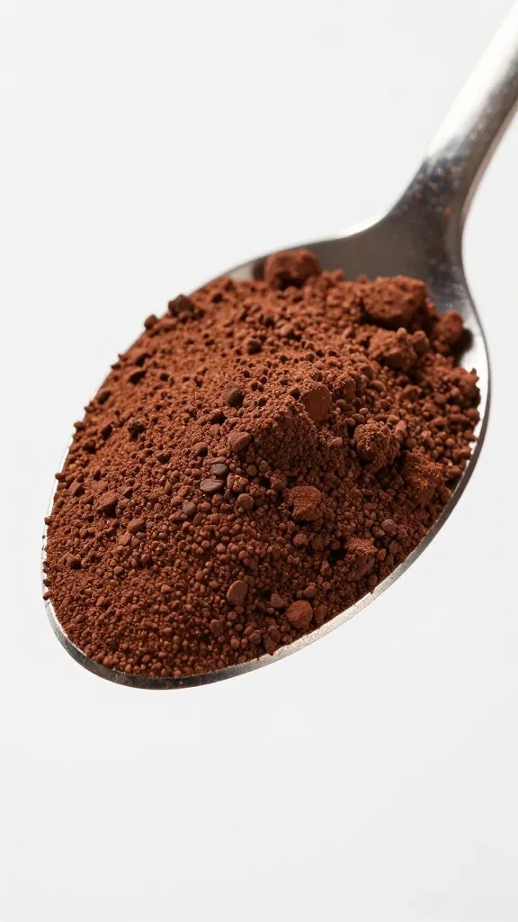 dusted cocoa “soil” layer on spoon, studio macro