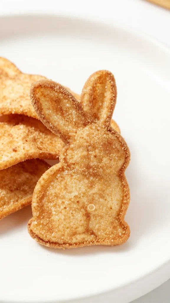 closeup of cinnamon sugar bunny chip on matte white plate