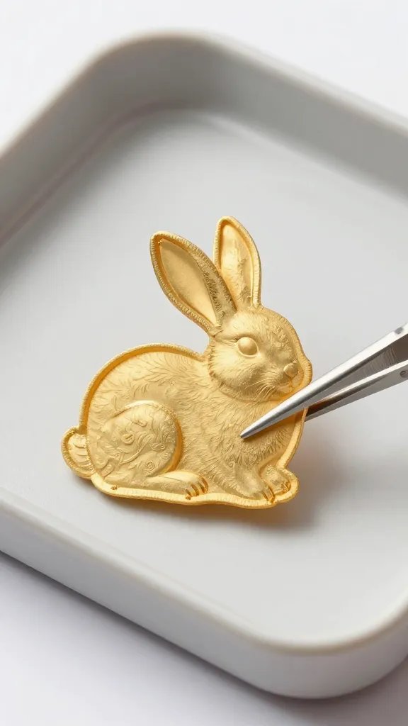 golden bunny chip held with tweezers over tray