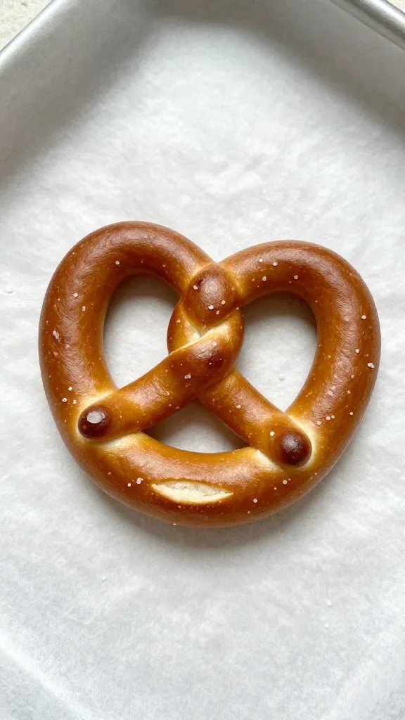 single pretzel bite on parchment, sea salt crystals visible