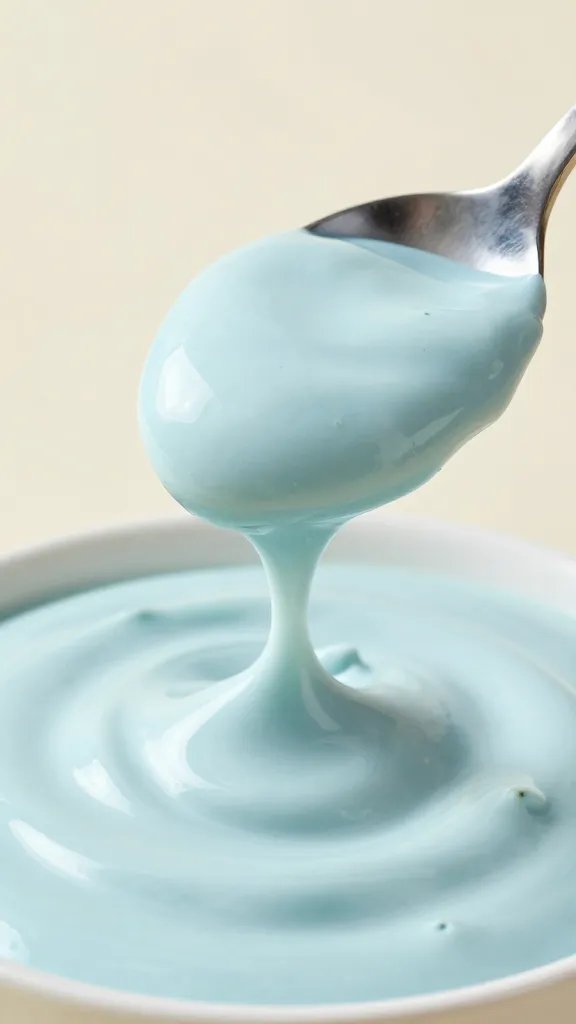 spoon dripping pastel-blue yogurt dip, macro shot