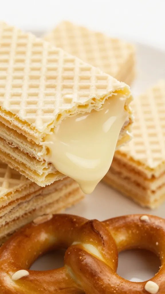 white chocolate wafer melting on a twist pretzel, closeup