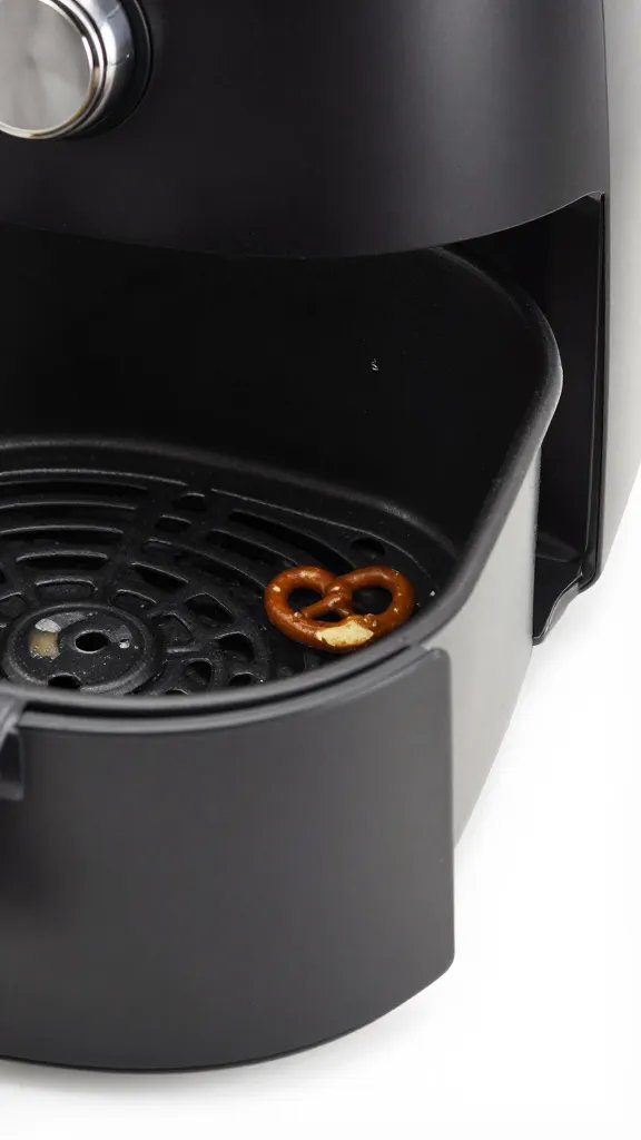 single air fryer basket corner with one pretzel bite