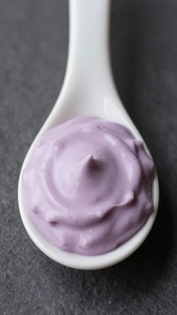 pastel-lavender yogurt dip dollop on matte ceramic spoon