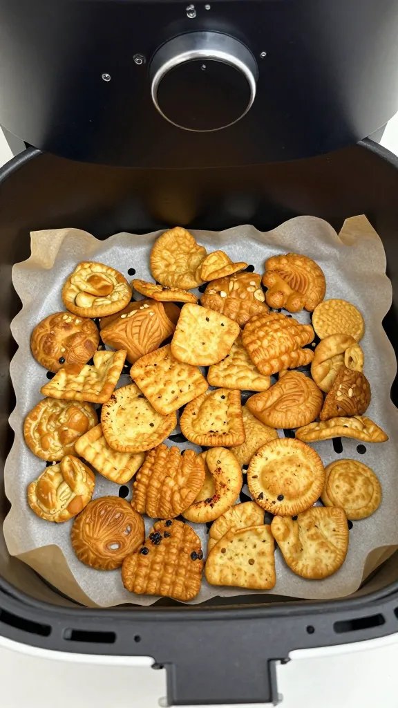 single parchment-lined air fryer basket with toasted snack mix