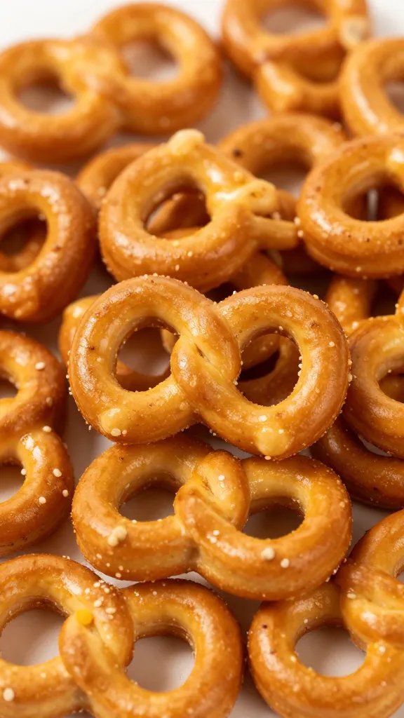 closeup cluster of coated pretzels from bunny bait