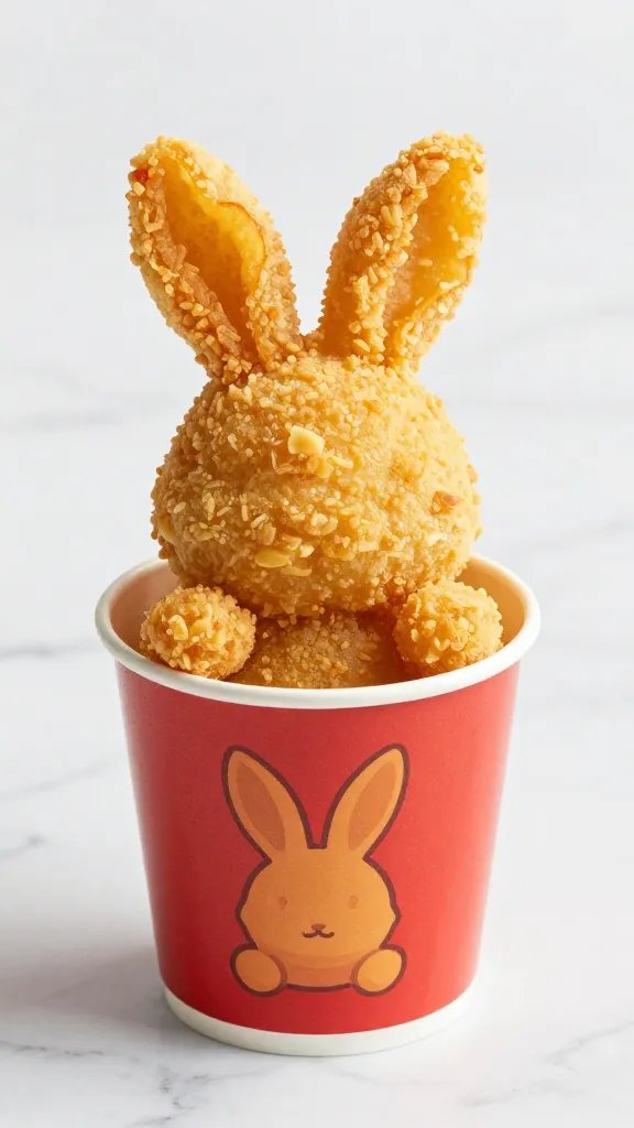 single serving cup of air-fried bunny bait on marble