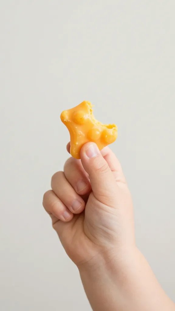 toddler hand holding one mac and cheese bite