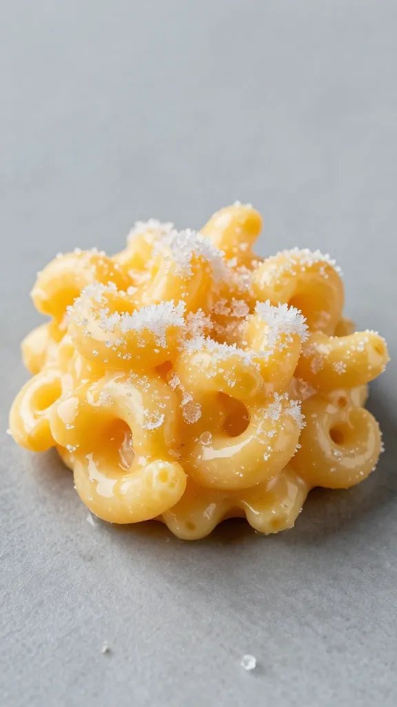 frozen mac and cheese bite with frost crystals