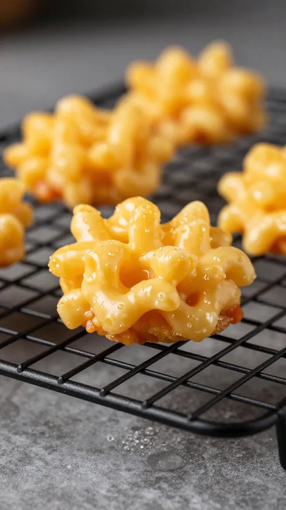 mac and cheese bite on cooling rack, studio lighting